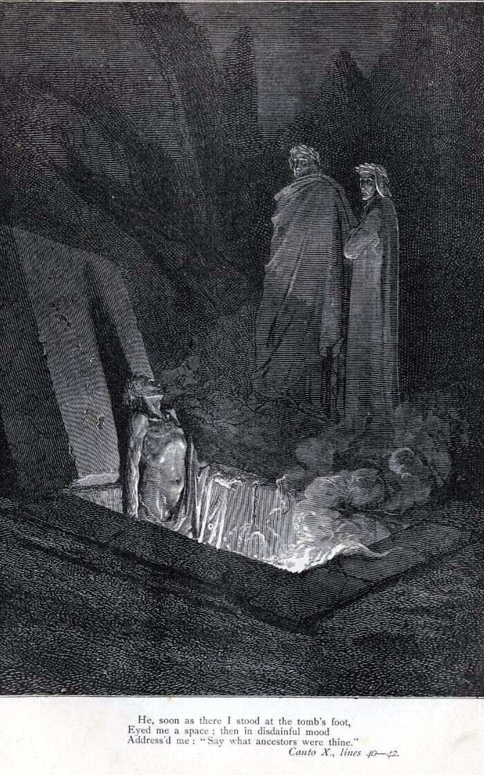 DORÉ - Inferno, Canto X, Farinata degli Uberti addresses Dante